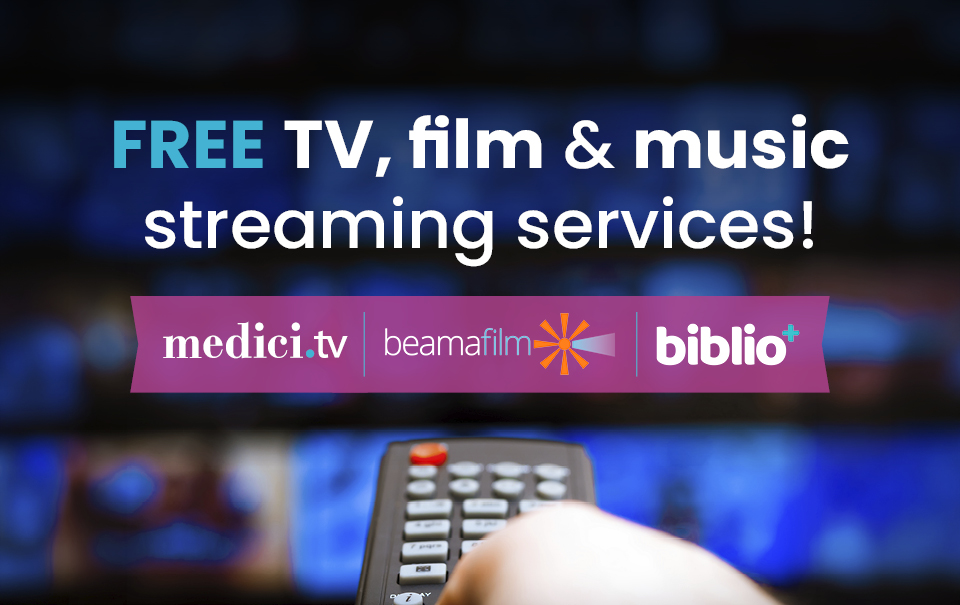 Free TV, film and music streaming services featuring medici.tv, beamafilm, and biblio+
