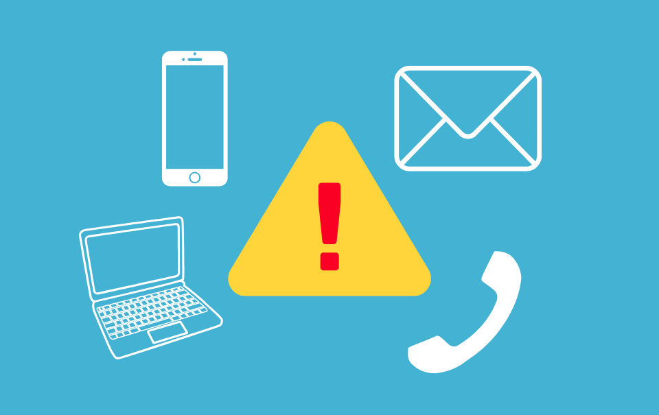 A comic style graphic of yellow triangle with a red exclamation mark, surrounded by graphics of different methods of communication that people could get scammed by