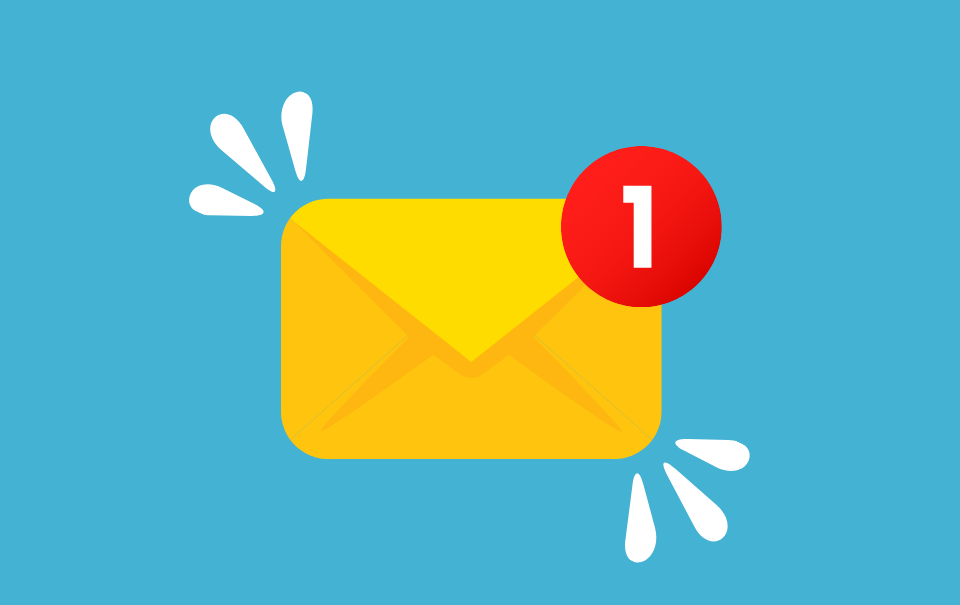 A comic style graphic of a golden envelope with a numeral 1 inside a red circle in the top right corner on a sky blue background. The image represents one unread email notification